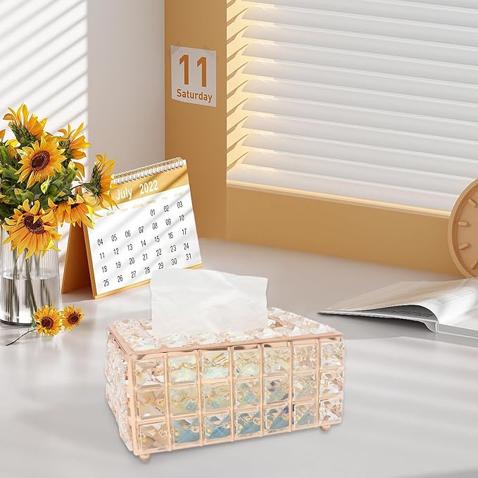 Geesatis Tissue Box Cover, Rectangle Tissue Box Holder, Rectangular Napkin Facial Tissues Holder for Bathroom Toilet Bedroom Living Room Table Desk Office Dresser, 1 Pcs Gold 8''x4.5''x3.5''