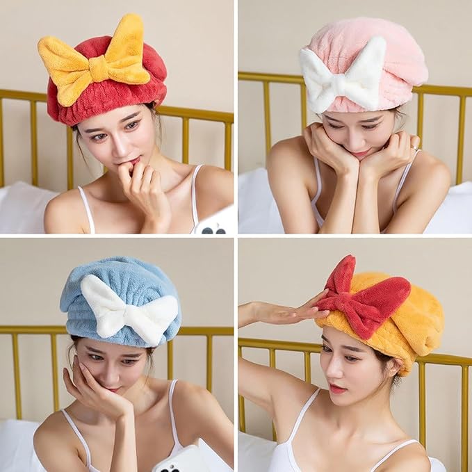 2Pcs Ultra Absorbent Hair Quick Drying Towel for Women Girls New Microfiber Hair Towel Wrap Dry Turban Soft Bow Tie Plopping Head Towels Shower Cap for Kids (Pink+Blue)