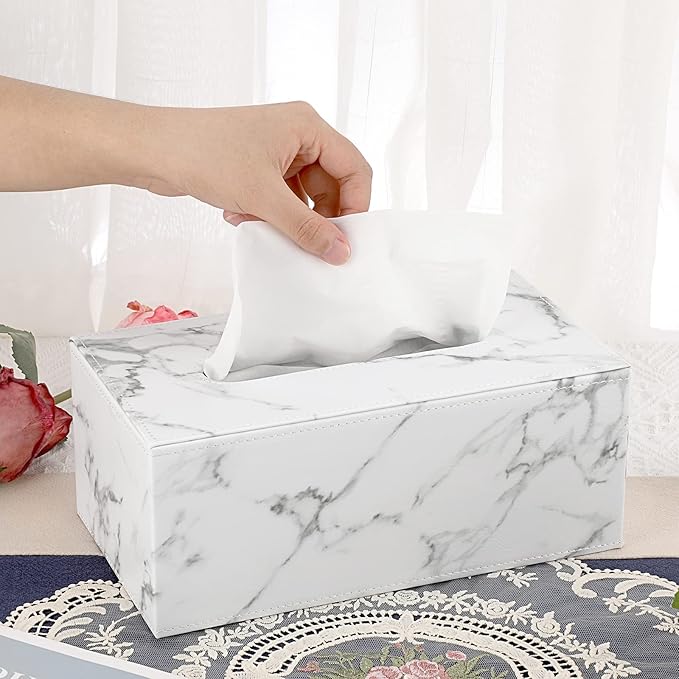 Sumnacon Rectangular Leather Tissue Box Cover - Stylish Tissue Box Holder with Magnetic Bottom, Decorative PU Tissue Box for Vanity Dresser Night Stand Table Countertop Home Office Car, Marble White