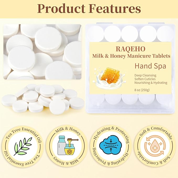 Manicure Spa Tablets 8oz - Milk & Honey Soak Balls, Moisturizing Tablets, Cuticle Softener for Foot and Hand Soak Pedicure Spa Supplies Manicure Tools Nail Salon & Tavel Esenntial（40count）