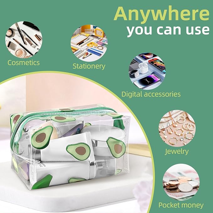 Clear Makeup Bag, Small Clear Toiletry Bag for Travel, Cosmetic Makeup Organizer Bags with Zipper, Plastic PVC Pouch Transparent Zip for Purse Reusable TSA Approved Quart Size (Avocado)