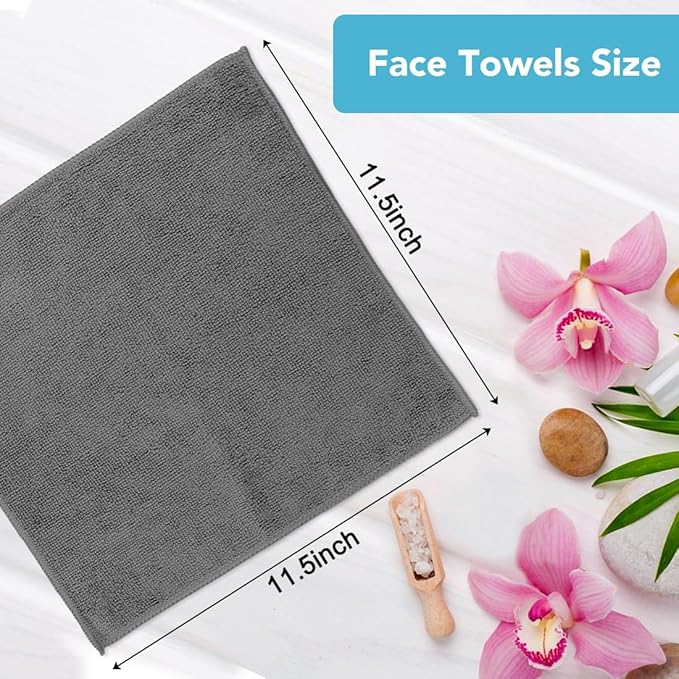 Orighty Washcloths, 20 Pack Microfiber Face Towels, Highly Absorbent and Soft Feel Wash Cloths & Hand Towels for Bathroom, Hotel, Spa, and Gym, 11.5x11.5 Inch, Grey
