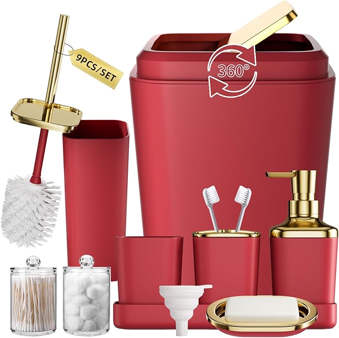 Dark Red Bathroom Accessory Set, 9-Piece Burgundy Bathroom Set with Trash Can, Toothbrush Holder, Toothbrush Cup,Soap Dispenser,Soap Dish,Toilet Brush Holder,2 Qtip Holder Dispensers and Tray