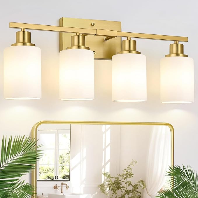 4-Light Bathroom Light Fixtures, Brushed Gold Vanity Lights with Milk Glass Shades, Modern Bathroom Wall Lamp for Mirror Living Room Bedroom Porch