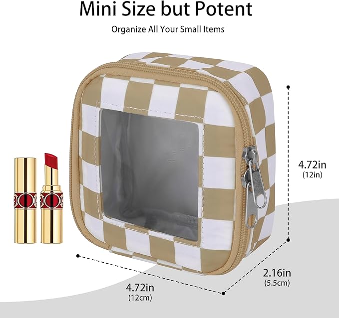 DOB SECHS Mini Checkered Bag for Purse 5.1'' x 5.1'' Small Makeup Bag for Car Cute Clear Cosmetic Bags with Zipper, Tiny Toiletry Bag Lipstick Organizer Pouch Travel Essentials Storage Pouch, Khaki