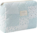 uekeboag Quilted Cotton Makeup Bag,Coquette Quilted Toiletry Bag for Women and Girls,Floral Coquette Pouch,Cute Kawaii Travel Cosmetic Bags(Blue Patchwork)