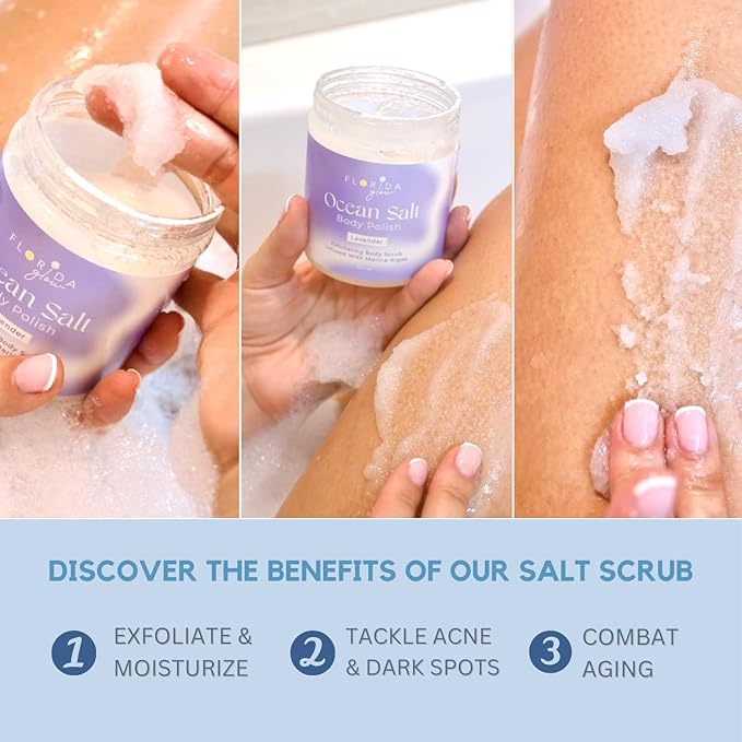 Sea Salt Body Scrub by Florida Suncare - Ocean Salt Body Polish Infused with Marine Algae - Exfoliating Face and Body Scrub - Facial Scrub Exfoliator to Tackle Acne (Coconut, 3.3 oz)