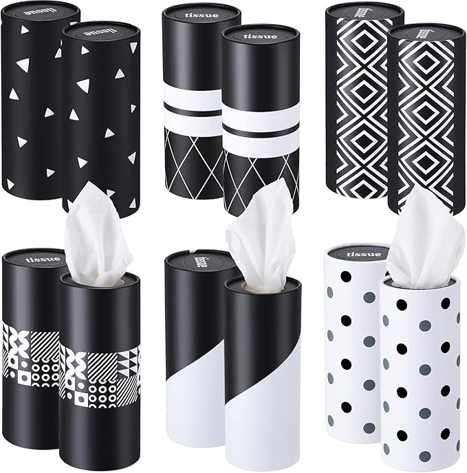 Outus 12 Pcs Geometric Car Tissues Cylinder Holder with 3 Ply Facial Tissue Bulk Black White Round Tissue Holder Travel Tissues Boxes Container for Car Cup Wedding Birthday Party