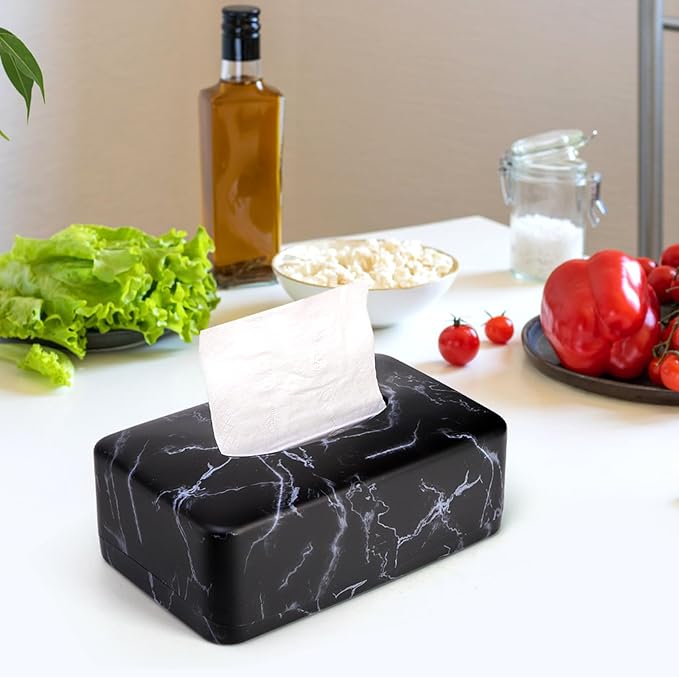 Tissue Box Holder, Rectangular Napkin Dispenser Box Cover, Black Faux Marble Facial Dryer Sheet Towel Organizer Case for Bathroom, Bedroom, Restaurant, Cars