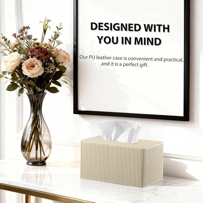 Fanousy Large Tissue Box Cover Rectangular with Bottom Belt, Fits 230-Count Kleenex, Modern PU Leather Facial Tissue Dispenser Holder for Bathroom Vanity, Nightstand, Bedroom, Office, Home Decor