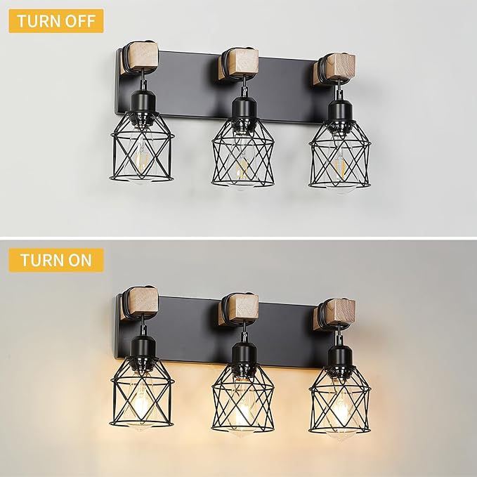 3-Light Farmhouse Bathroom Vanity Light with Wood & Matte Black Metal, Wall Sconce for Mirror, Bedroom, Hallway