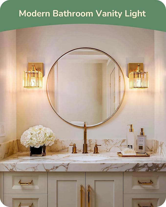 EDISHINE Hardwired Bathroom Vanity Light, Modern Bathroom Lighting Fixtures Over Mirror, Wall Sconces Set of Two with Crystal Shade, Bath Lamp for Living Room, Bedroom, Powder Room, E26 Base, Gold