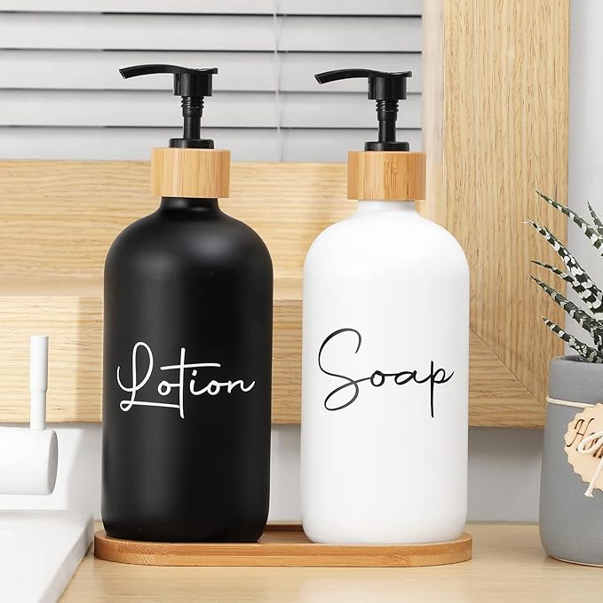 17 oz Hand Soap Dispenser Empty Glass Lotion Pump Bottles, Refillable Liquid Dish Soap Bottles for Bathroom Decor, Kitchen Sink, Matte Design and Wood Tray, Pack of 2, Black + White