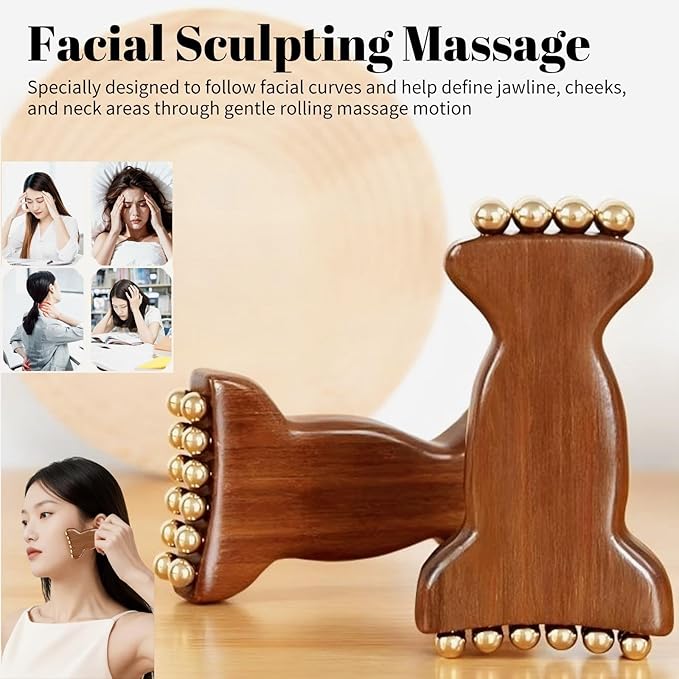 Sandalwood Facial Massage Roller with 20 Brass Beads, Natural Wood Handle Traditional Beauty Care Tool for Jawline, Neck and Face Sculpting, Double Head