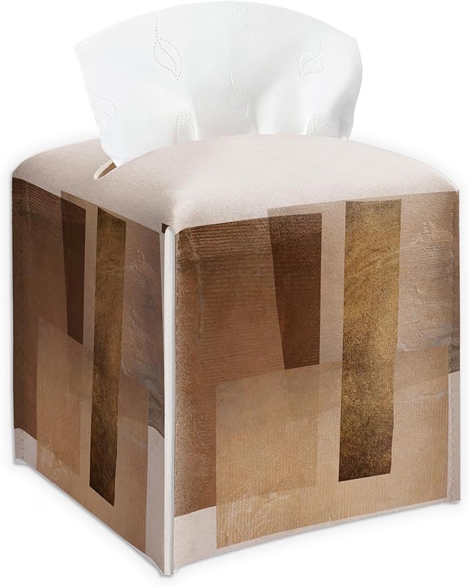 Vintage Geometry Design Tissue Box Cover - Retro Brown PU Leather Waterproof Tissue Holder - Facial Paper Organizer for Home Bathroom Office - Desk Decorative Dispenser Box - B05