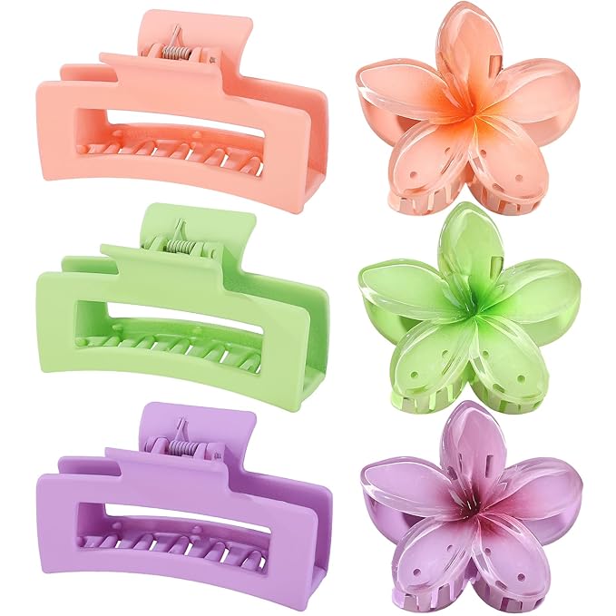 Flower Hair Clips for Women Square Claw Clips for Girls 2 Styles Hair Claw Clips for Thick or Thin Hair 6 PCS Hawaiian Hibiscus Rectangle Large Plumeria Medium Hair Accessories for Women (Purple)
