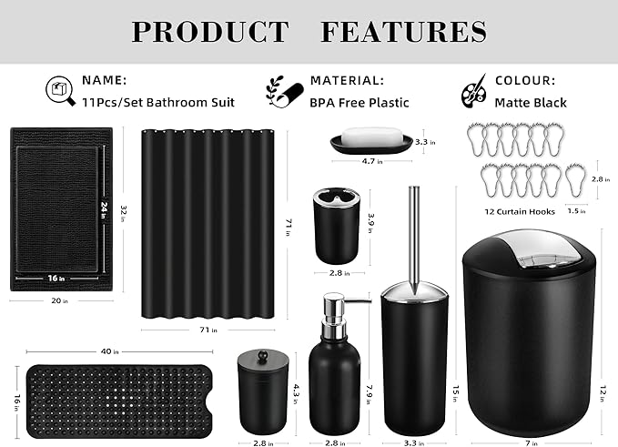 Black Bathroom Accessories Set, 23Pcs Bath Accessory Sets Complete with Bathtub Mat, Shower Curtain Set with Hooks, Soap Dispenser, Toothbrush Holder, Qtip Holder, Trash Can, Toilet Brush