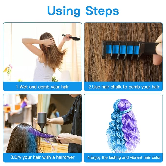 MSDADA Blue and Purple Hair Chalk for Girls-New Hair Chalk Comb Temporary Bright Washable Hair Color Dye for Kids-Girls Toys Gifts for Birthday,Easter,Christmas,Halloween