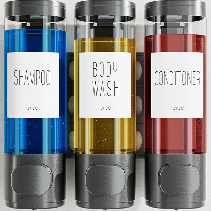 VITVITI Shampoo and Conditioner Dispenser for Shower Wall, Shower Soap Dispenser 3 Chamber No Drill Wall Mounted, 10.2 OZ Plastic Refillable Shower/Body Wash Bottles for Bathroom (Gun Gray)