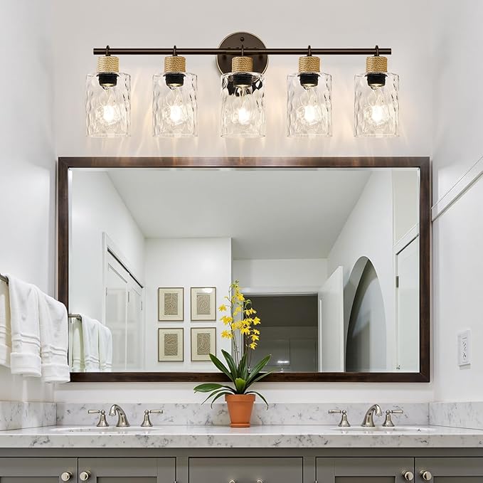 Bathroom Light Fixtures, 5-Light Coastal Vanity Lights with Crystal Glass Shade, Oil-Rubbed Bronze Bathroom Wall Lamp for Mirror Kitchen Hallway Cabinet
