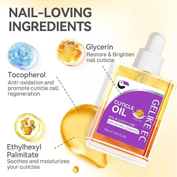 Cuticle Repair Oil for Damaged Nails - Gelike EC Honey Smells Nail Treatment for Growth and Strengthen - Growth Oil Quick Dry Nail Care Moisturize Weak Thin Salon and Home 15ML LARGE CAPACITY