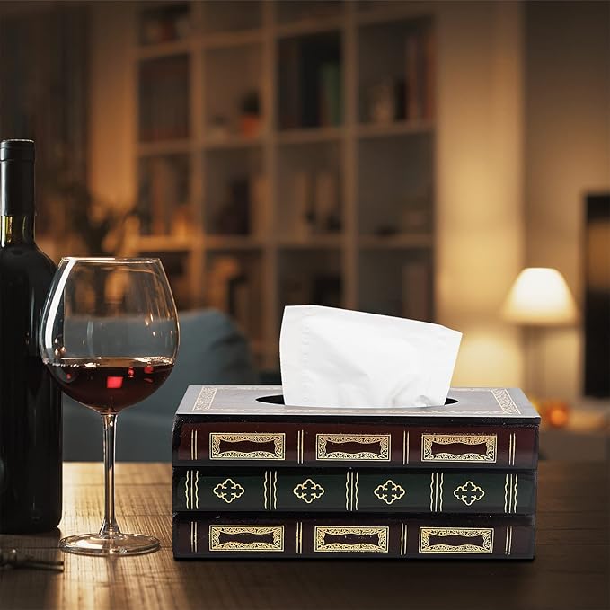 Crafted Classical Retro Wooden Antique Book Tissue Box Cover Rectangular Tissue Holder Dispenser Paper Cover Case Napkin Holder Home Decor for Bathroom Living Room Office car Kitchen (Red)