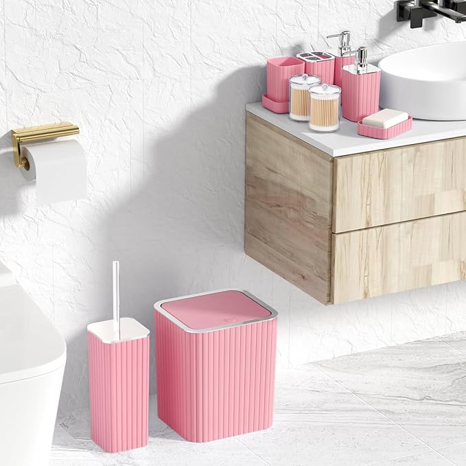 Pink Bathroom Accessories Set - Gorgeous Bathroom Set, 10PC Bathroom Accessory Set, Toilet Brush, Trash Can, Qtip Holder & Soap Dispenser