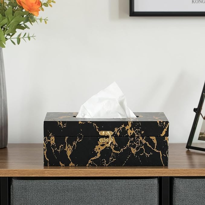 Black and Gold Marble Tissue Box Cover, Modern Tissue Box Holder with Lock for Bathroom, Bedroom, and Living Room, Rectangle Shape Dryer Sheet Holder Organizer