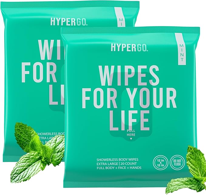 HyperGo XL Body Wipes for Women & Men – 12" x12" Rinse-Free Full Body Cleansing Wipes 2-20 Count Packs - Mint | Biodegradable, Hypoallergenic, Aloe-Infused | Gym, Festival, Camping Essentials
