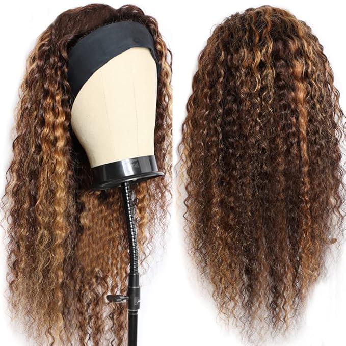 XSY Headband Wig Human Hair 4/27 Highglight Headband Wig Deep Wave Headband Wig Honey Blonde Colored Curly Wig 22 Inch