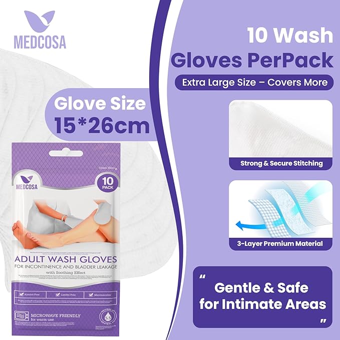 Medcosa Adult Washcloths - Unique Disposable Body Wipes Shaped Like a Glove - Unscented, Premoistened Wet Wipes - 5 Pack (50 Wash Cloths)