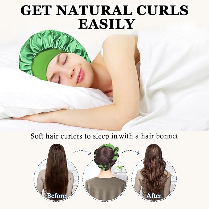 Heatless Curls Overnight Hair Curlers to Sleep In, 9 PCS Velvet Heatless Hair Curler Overnight Curls for Women Long medium Hair Volumes, Heatless Curling Waves Set with Sleep Bonnet - Green