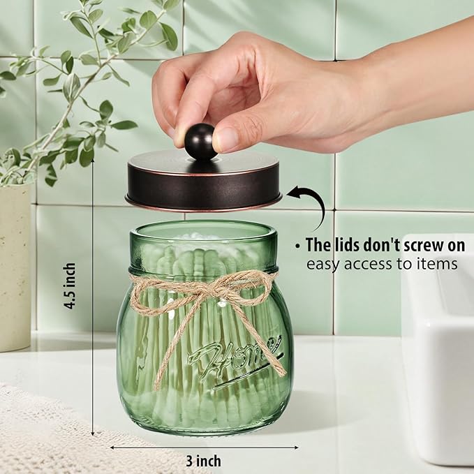 SheeChung Green Glass Qtip Holder Dispenser, Mason Jar Apothecary Jars with Lids, Bathroom Organizers and Storage, Vanity Countertop Canisters Set for Cotton Swab, Ball, Pad, Floss Pick-ORB, 3 Pack