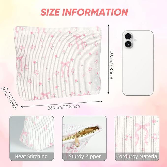 Cute Makeup Pouch for Women Flower Small Make Up Bag for Purse Zipper Initial Cosmetic Bags Pouches for Purse Aesthetic Travel Toiletrybags,Pink Bow Rose Floral