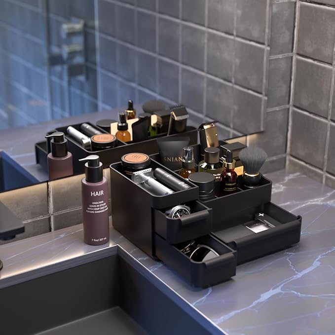 Mens Bathroom Countertop Organizer for Cologne - Vanity Organizer with Drawers for Men's Skincare, Shaving Kit, Razor, Deodorant & Perfume - Professional Grooming Station for Bathroom & Bedroom