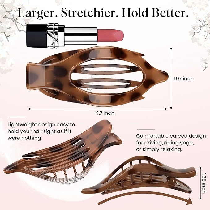 4 PCS Large Flat Hair Clips for Women Girls, French Concord Lay Down Flat Claw Clips for Thick Thin Hair, Comfortable Curved Clip, Stylish Tortoiseshell Strong Hold Hair Accessories, Leopard
