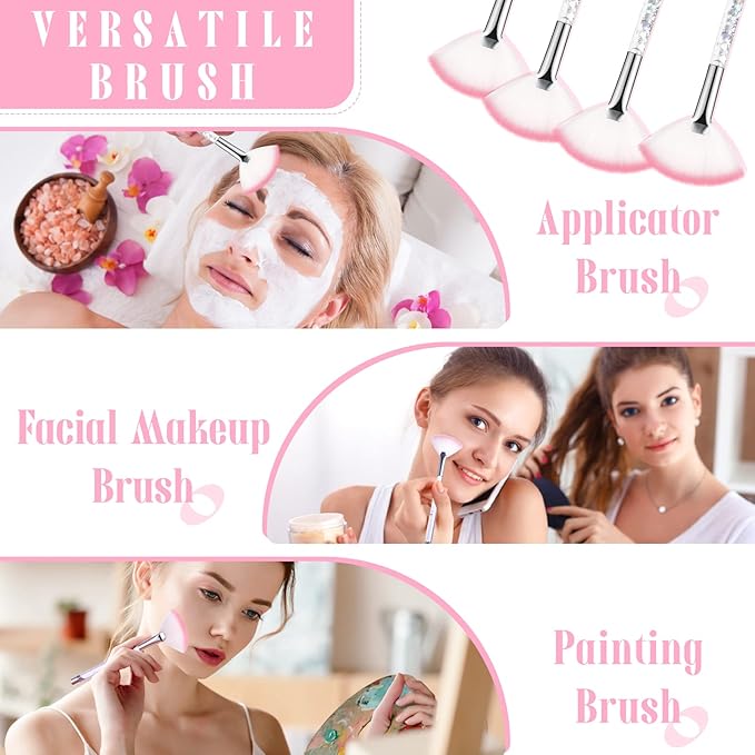 Nuenen 12 Pcs Soft Fan Facial Brushes Mask Acid Applicator Brush for Mud Cream Blush Makeup Peel Glycolic Multi Use Cosmetic Tools with Glitter Quicksand Handle and Pouch(Silver)