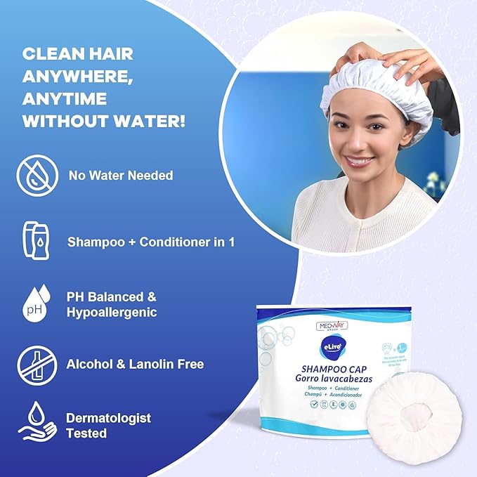 Gentle No Rinse Shampoo Caps - Fabric Hair Washing Cap w/Conditioner & More - Natural PH-balanced Waterless Bath for all Hair Types - Shampoo Caps for Elderly for Travel & Much More (6 Pack)