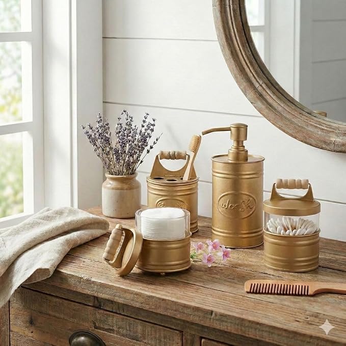 Autumn Alley Antique Gold Bathroom Accessories Set 4 - Farmhouse Soap Dispenser, Toothbrush Holder, 2 Apothecary Jars Qtip Holder - Gold Bathroom Decor – Rustic Farmhouse Bathroom Accessories