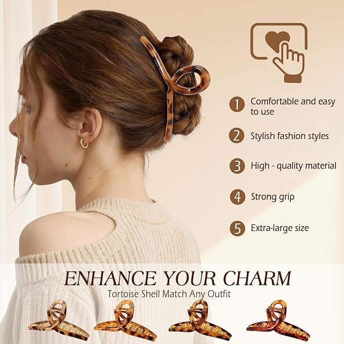 4PCS 5.43 Inch Tortoise Shell Claw Clip for Women, Extra Large Claw Clips for Thick Long Curly Hair, Strong Hold Hair Clip, Non-slip Elegant Butterfly Durable Hair Accessories