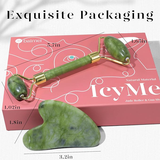 BAIMEI IcyMe Gua Sha & Jade Roller Facial Tools Face Roller and Gua Sha Set for Puffiness and Redness Reducing Skin Care Routine, Self Care for Men Women - Green