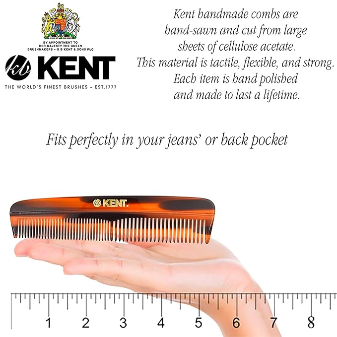Kent R7T The APSLEY, Special Edition, Fine and Wide Tooth Hair Comb, Handmade Pocket Comb for Men, Best Beard and Mustache Combs for Everyday Grooming and Styling, Sawcut Handmade.