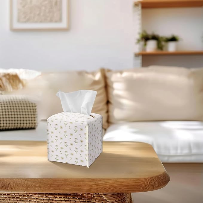 Tissue Box Cover Square - White Daisy Floral Tissue Box Holder with Bottom Belt, Leather Facial Paper Organizer for Bathroom Vanity Countertop, Nightstands, Dining Table, Office, Car -21
