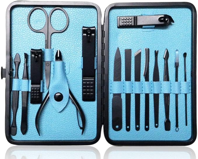Nail Clippers Sets High Precisio Stainless Steel Nail Cutter Pedicure Kit Nail File Sharp Nail Scissors and Clipper Manicure Kit Fingernails & Toenails with Portable Stylish case (Blue 15-Piece)