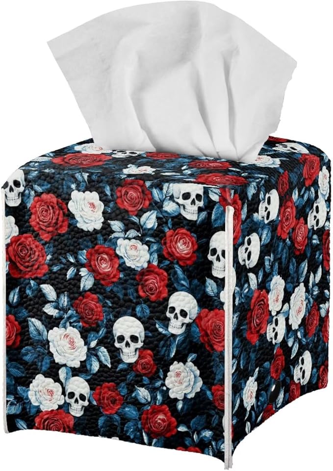 Red Rose Skull Modern Tissue Box Holder, Waterproof Square PU Leather Napkin Case with Metal Button Closure, Decorative Tissue Cover Organizer for Vanity, Desk, Car, and Living Room