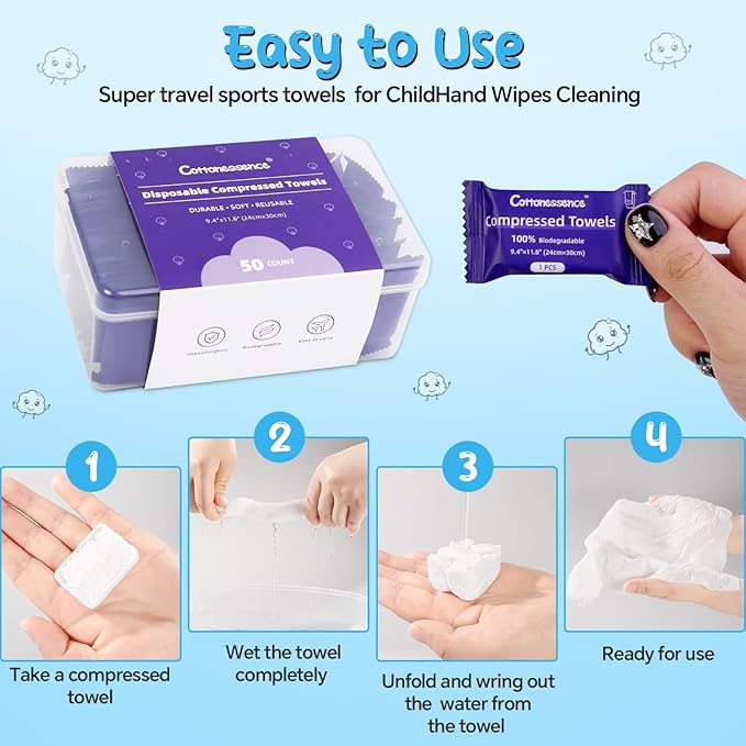 Premium Compressed Towels (50 Pack)-9.4" x 11.8", Portable Cotton Coin Tissues, Disposable Washcloths, Face Towels for Travel, Beauty, Camping, Hiking, Outdoor Activities