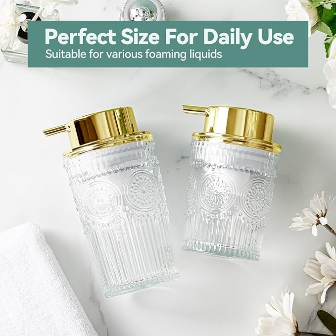 Golden Foaming Soap Dispenser - 7 oz Clear Glass Foam Hand Soap Dispenser for Bathroom & Kitchen, Refillable Dish Dispenser, Foam Hand Wash Dispenser with Foam Pump
