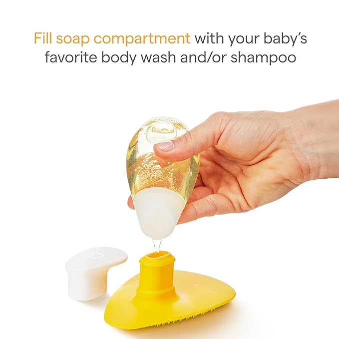 Munchkin Squeeze & Scrub Silicone Baby Bath Brush with Soap and Shampoo Dispenser - Soft & Gentle Bristles, Great for Newborn Neck Folds, Cradle Cap, Hair, Massager & Hard-to-Reach Spots, Yellow