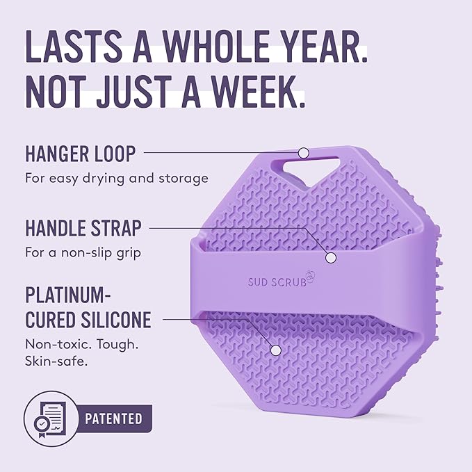 Sud Scrub® Antimicrobial Silicone Body Scrubber, Exfoliating Body Scrubber for Sensitive Skin, Eco Friendly Shower Scrubber for Body, Silicone Body Brush for Showering, Purple