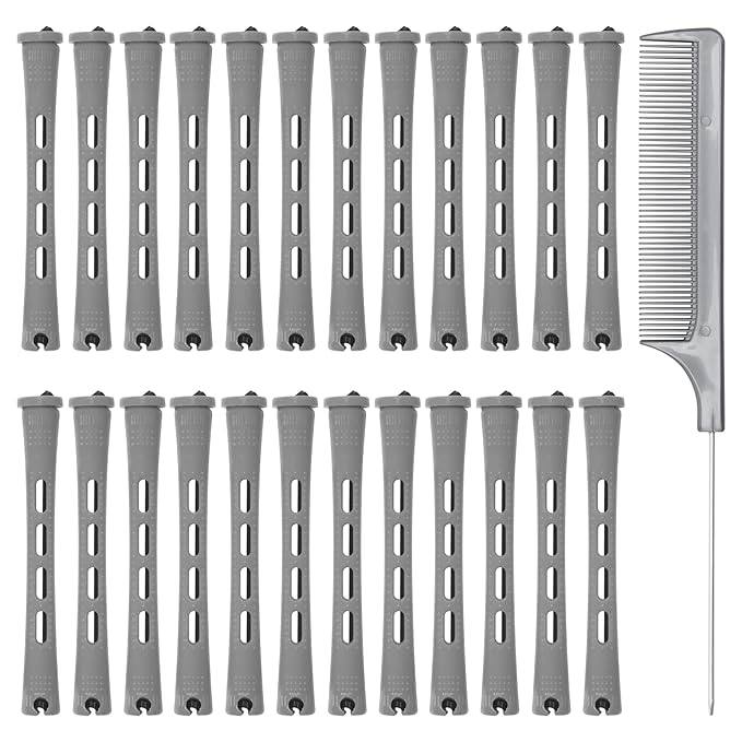 Coolrunner 60PCS Hair Perm Rods Set, Plastic Curler Perm Rods with Steel Pintail Comb, DIY Hair Curler Styling Tools for Hairdressing Hair (0.9cm, Blue, Gray)